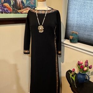 Black Knit MCM Viking Inspired Mod Dress w/ Gold Braid & Medallion Necklace